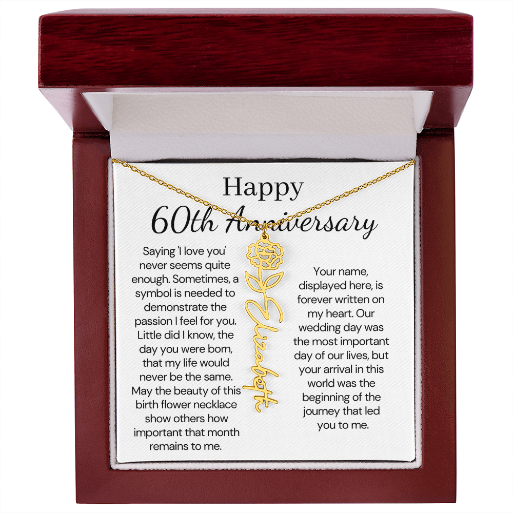 Personalized 60th Anniversary Gift for Wife – Customized Birth Flower Name Necklace – Unique Sixtieth Wedding Anniversary Gift Ideas for Wife from Husband