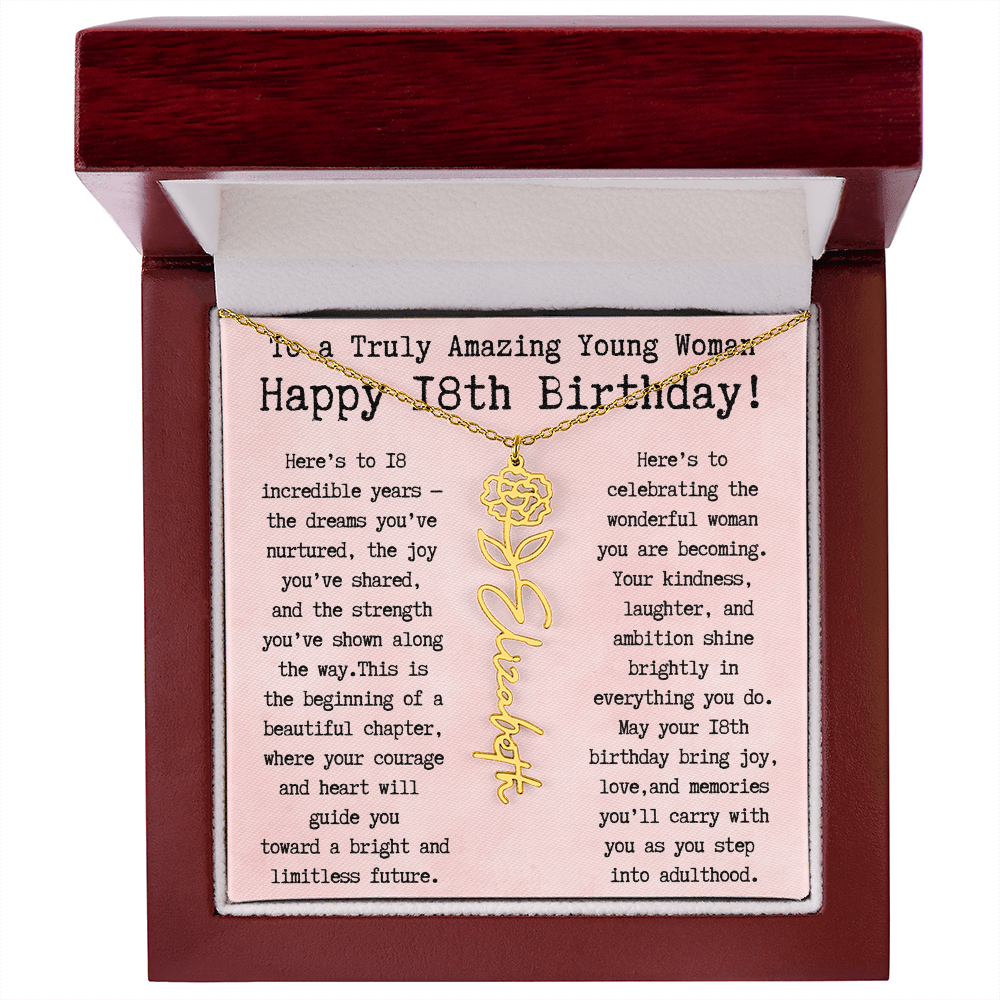 Personalized 18th Birthday Gift for Her – Customized Birth Flower Name Necklace – Unique Eighteenth Birthday Jewelry Gift from Grandma, Mom, Aunt, or Friend