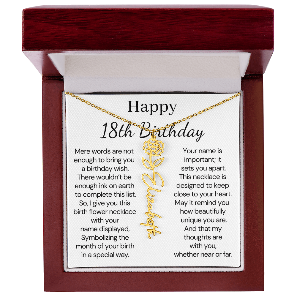 Personalized 18th Birthday Gift for Her  – Customized Birth Flower Name Necklace – 18th Birthday Jewelry Gift for Granddaughter, Daughter, or Niece