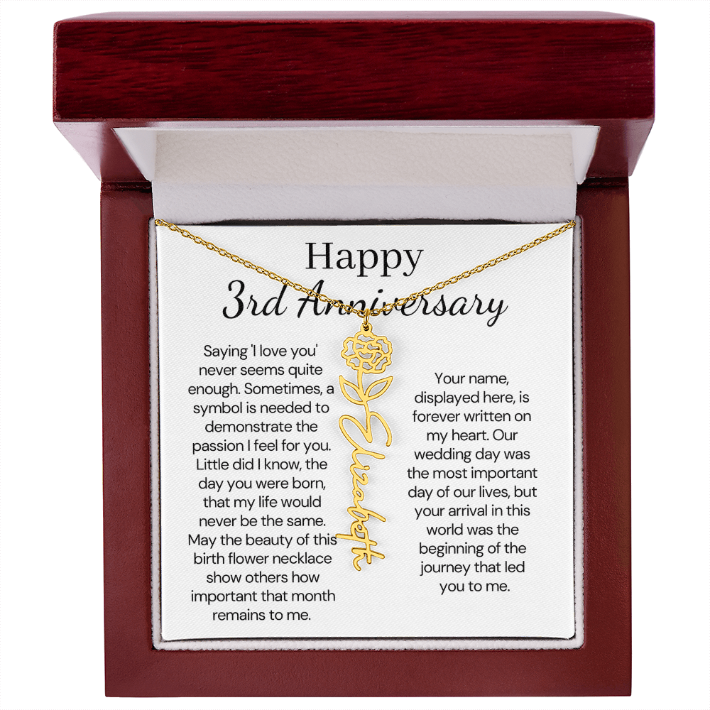 Personalized 3rd Wedding Anniversary Gift for Wife – Customized Birth Flower Name Necklace – Unique Third Anniversary Gift Ideas for Wife from Husband