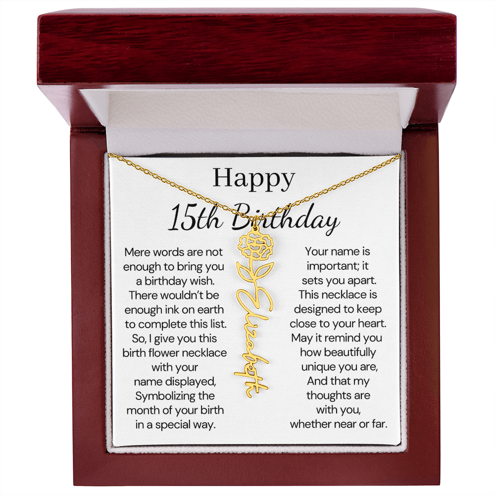 Personalized 15th Birthday Gift for Her – Customized Birth Flower Name Necklace – 15th Birthday Jewelry Gift for Granddaughter, Daughter, or Niece