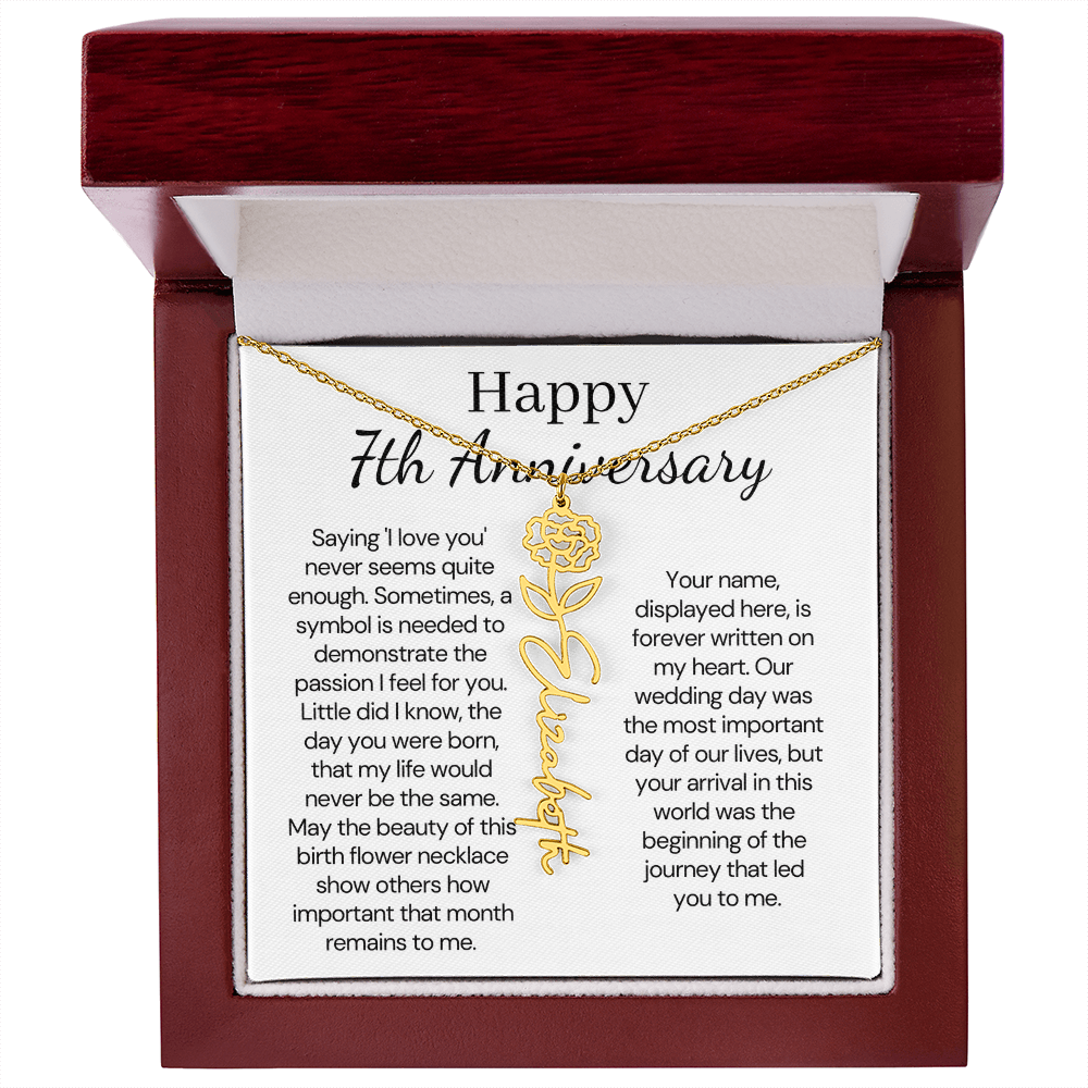 Personalized 7th Wedding Anniversary Gift for Wife – Customized Birth Flower Name Necklace – Unique Seventh Anniversary Gift Ideas for Wife from Husband