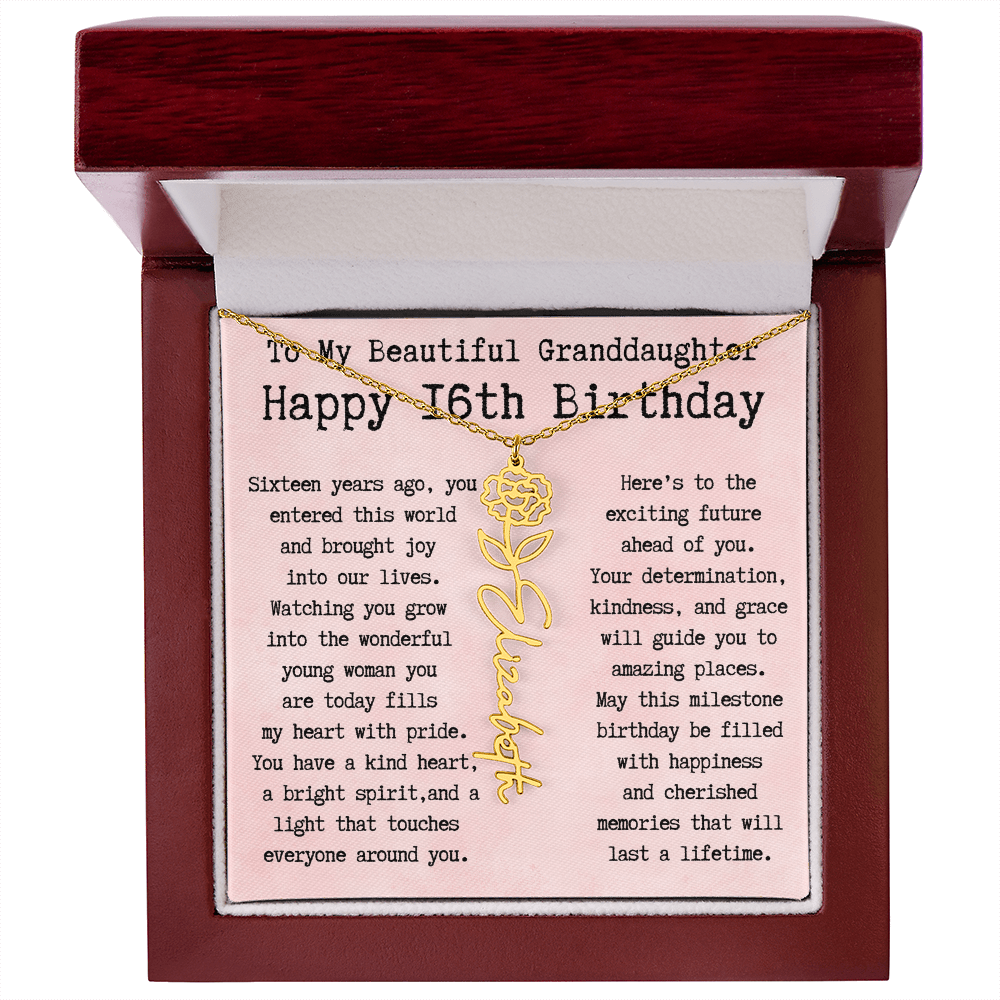 Personalized 16th Birthday Gift for Granddaughter – Customized Birth Flower Name Necklace – Sweet Sixteenth Jewelry Gift from Grandma