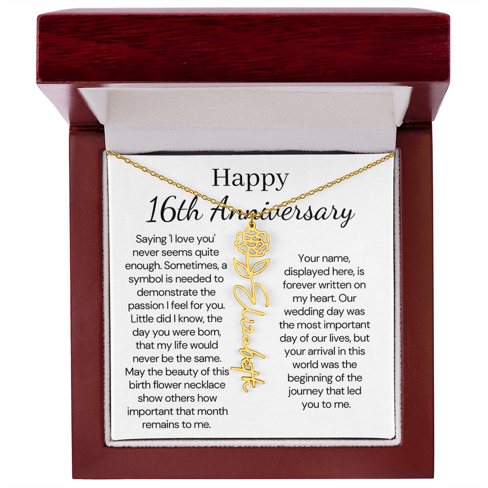 Personalized 16th Anniversary Gift for Wife – Customized Birth Flower Name Necklace – Unique Sixteenth Wedding Anniversary Gift Ideas for Wife