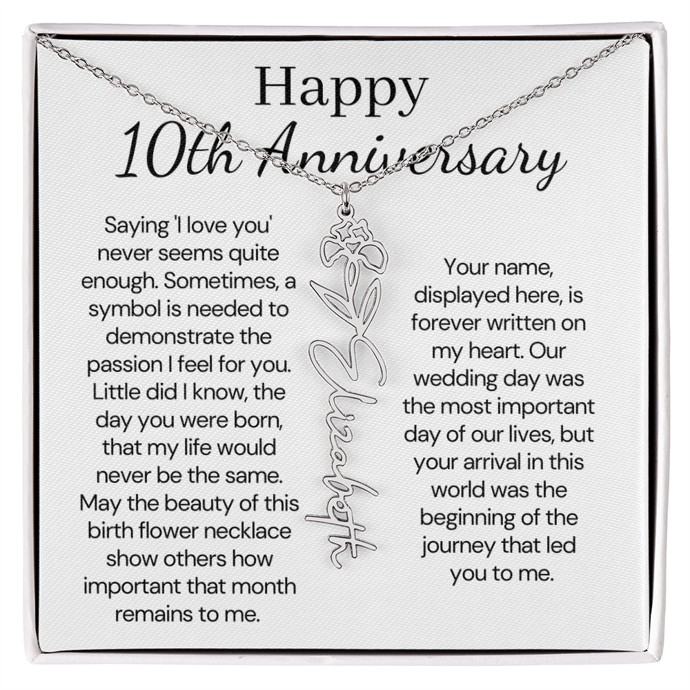 Personalized 10th Wedding Anniversary Gift for Wife – Customized Birth Flower Name Necklace – Unique Tenth Anniversary Gift Ideas for Wife from Husband
