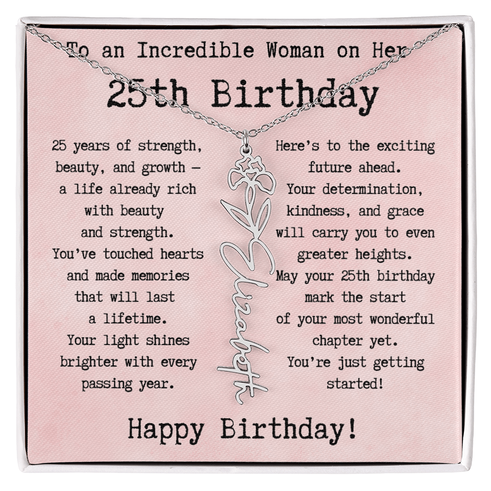 Personalized 25th Birthday Gift for Her – Customized Birth Flower Name Necklace – Unique Twenty-Fifth Birthday Jewelry Gift from Grandma, Mom, Aunt, or Friend