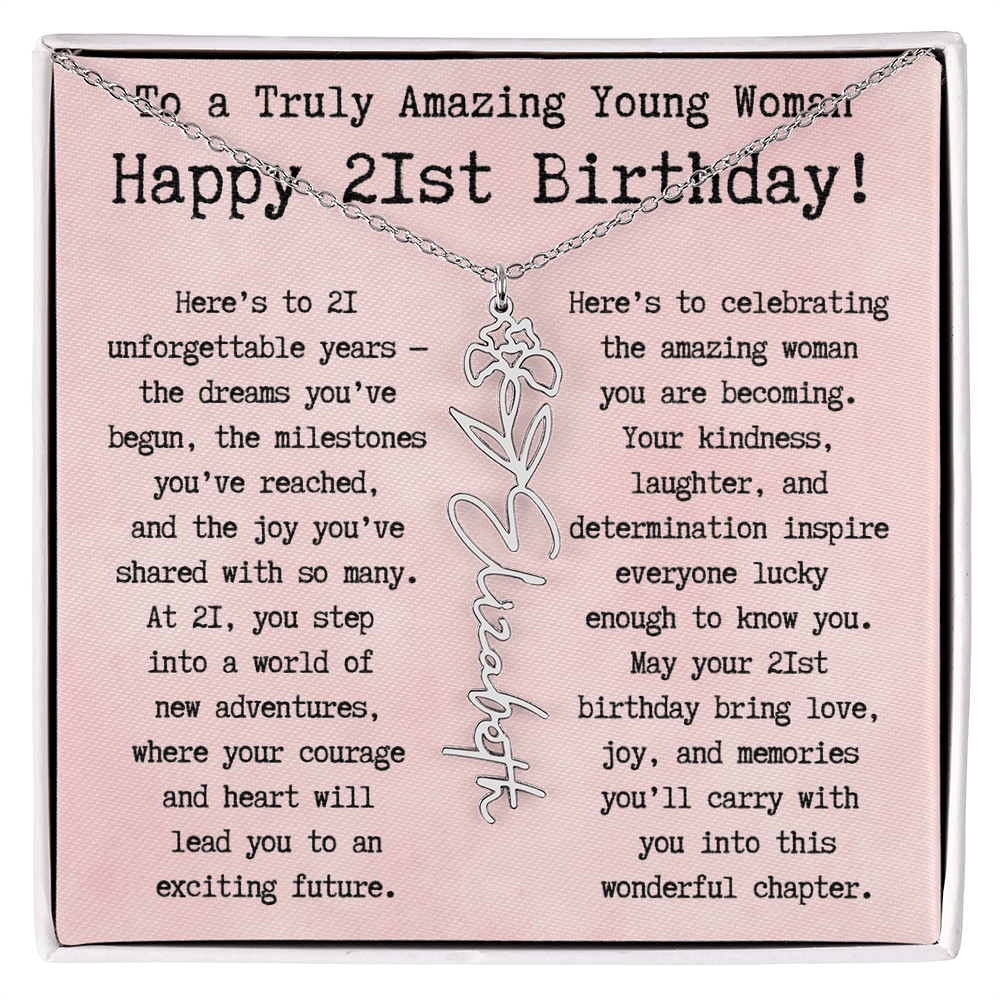 Personalized 21st Birthday Gift for Her – Customized Birth Flower Name Necklace – Unique Twenty-First Birthday Jewelry Gift from Grandma, Mom, Aunt, or Friend