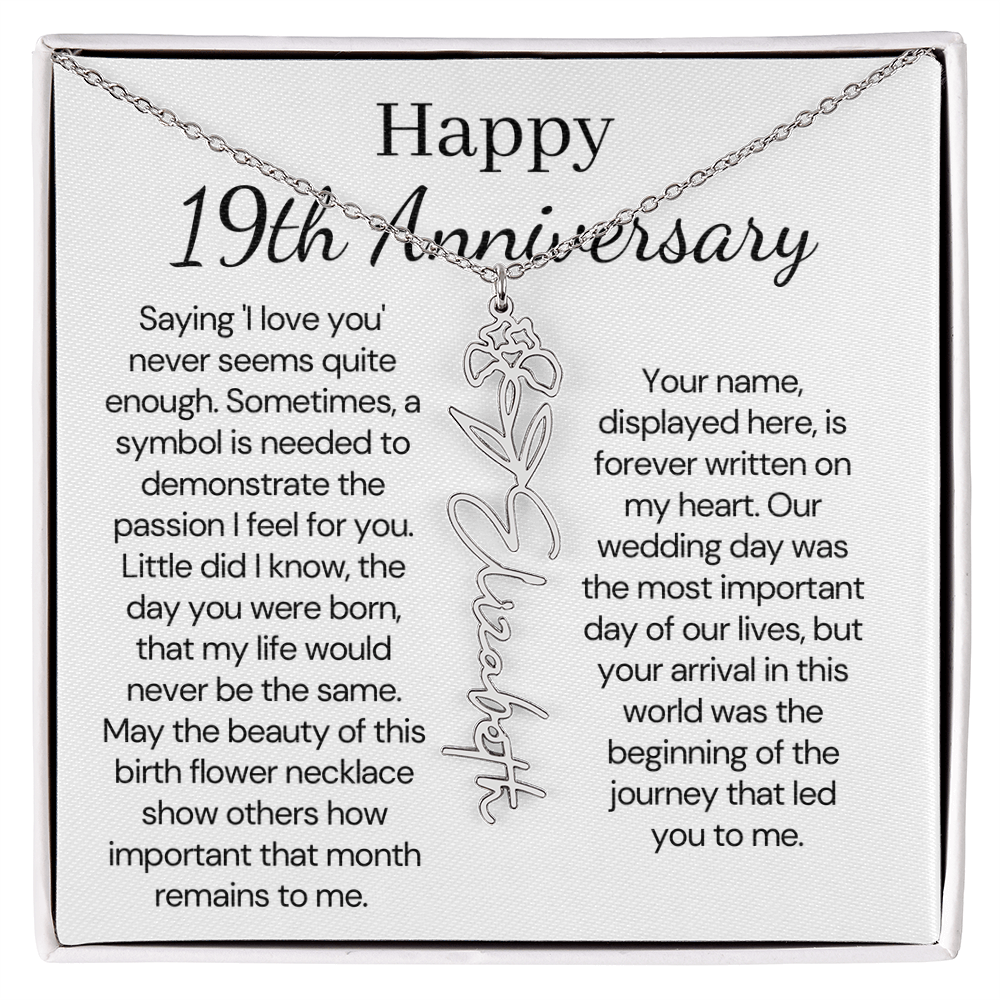 Personalized 19th Anniversary Gift for Wife – Customized Birth Flower Name Necklace – Unique Nineteenth Wedding Anniversary Gift Ideas for Wife from Husband