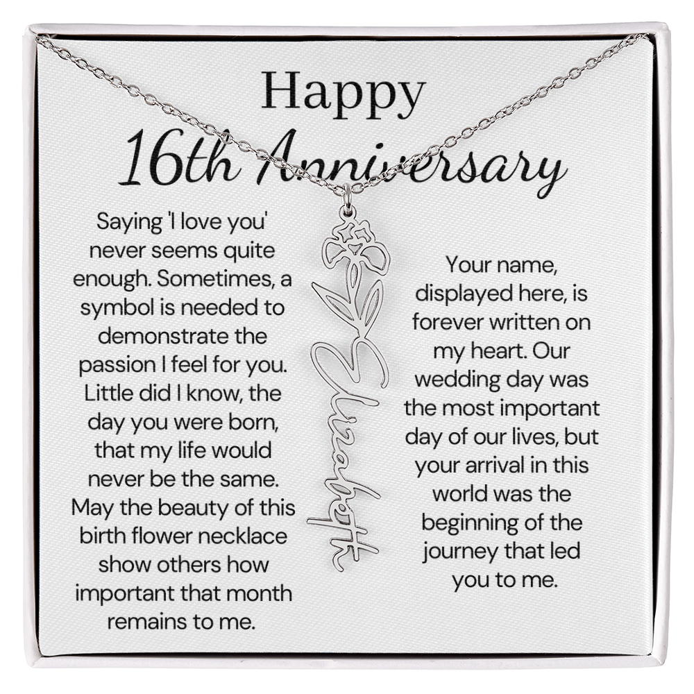 Personalized 16th Anniversary Gift for Wife – Customized Birth Flower Name Necklace – Unique Sixteenth Wedding Anniversary Gift Ideas for Wife