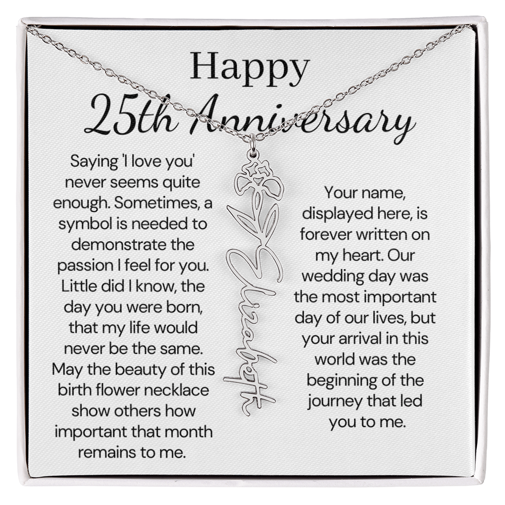 Personalized 25th Wedding Anniversary Gift for her  - Custom Birth Flower Name Necklace for Wife. - Unique Anniversary Gift from Husband to Wife