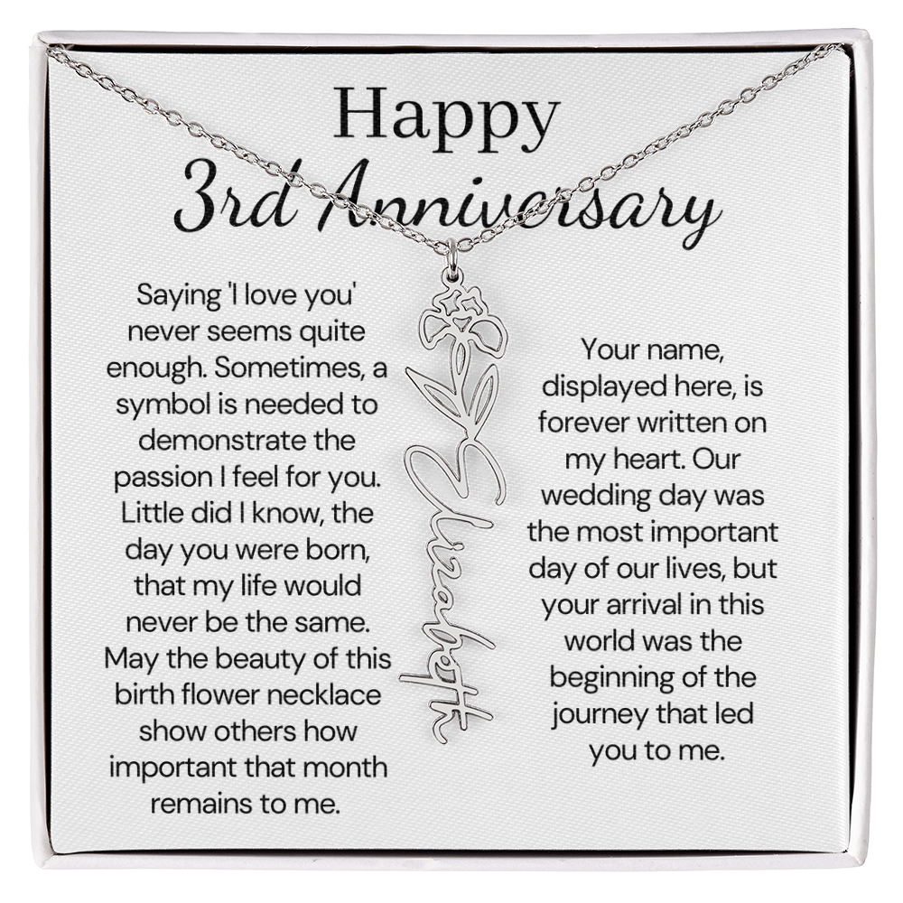 Personalized 3rd Wedding Anniversary Gift for Wife – Customized Birth Flower Name Necklace – Unique Third Anniversary Gift Ideas for Wife from Husband