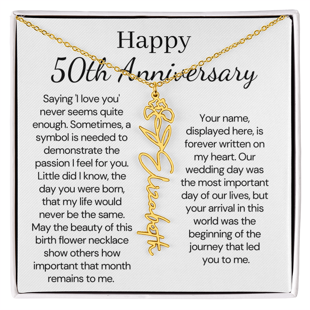 Personalized 50th Anniversary Gift for Wife – Customized Birth Flower Name Necklace – Unique Fiftieth Wedding Anniversary Gift Ideas for Wife from Husband