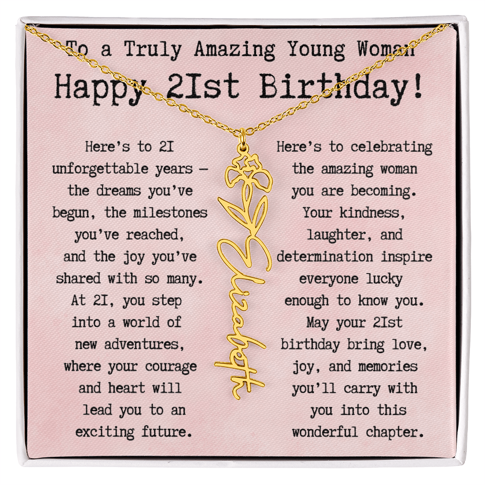 Personalized 21st Birthday Gift for Her – Customized Birth Flower Name Necklace – Unique Twenty-First Birthday Jewelry Gift from Grandma, Mom, Aunt, or Friend