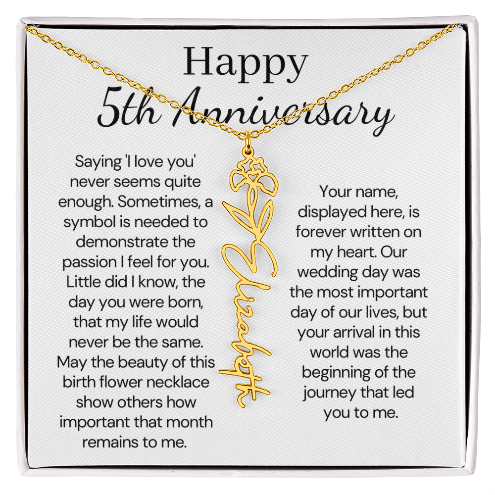 Personalized 5th Wedding Anniversary Gift for Wife – Customized Birth Flower Name Necklace – Unique Fifth Anniversary Gift Ideas for Wife from Husband