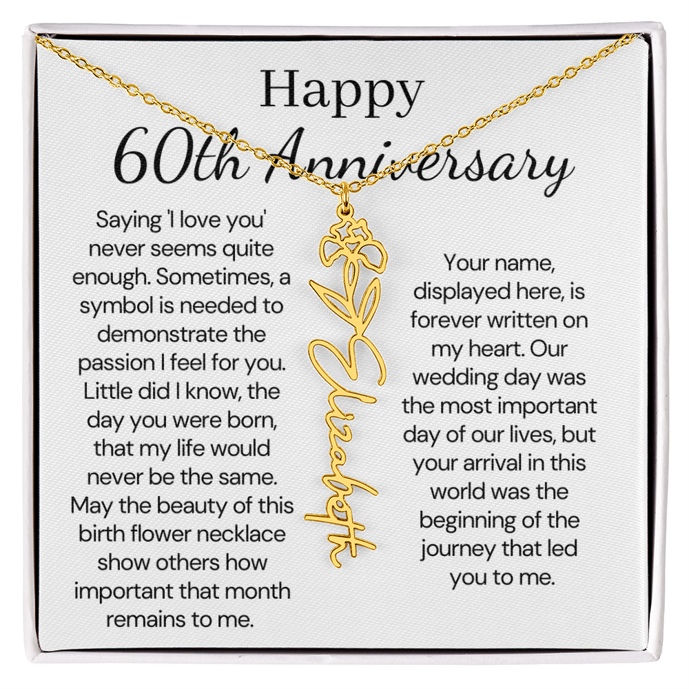 Personalized 60th Anniversary Gift for Wife – Customized Birth Flower Name Necklace – Unique Sixtieth Wedding Anniversary Gift Ideas for Wife from Husband
