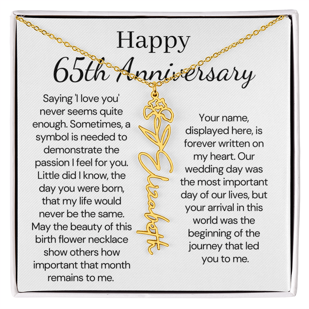 Personalized 65th Anniversary Gift for Wife – Customized Birth Flower Name Necklace – Unique Sixty-Fifth Wedding Anniversary Gift Ideas for Wife from Husband