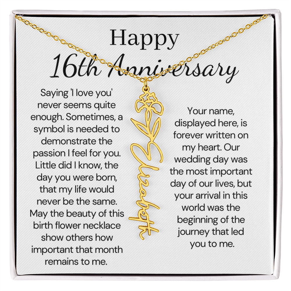 Personalized 16th Anniversary Gift for Wife – Customized Birth Flower Name Necklace – Unique Sixteenth Wedding Anniversary Gift Ideas for Wife