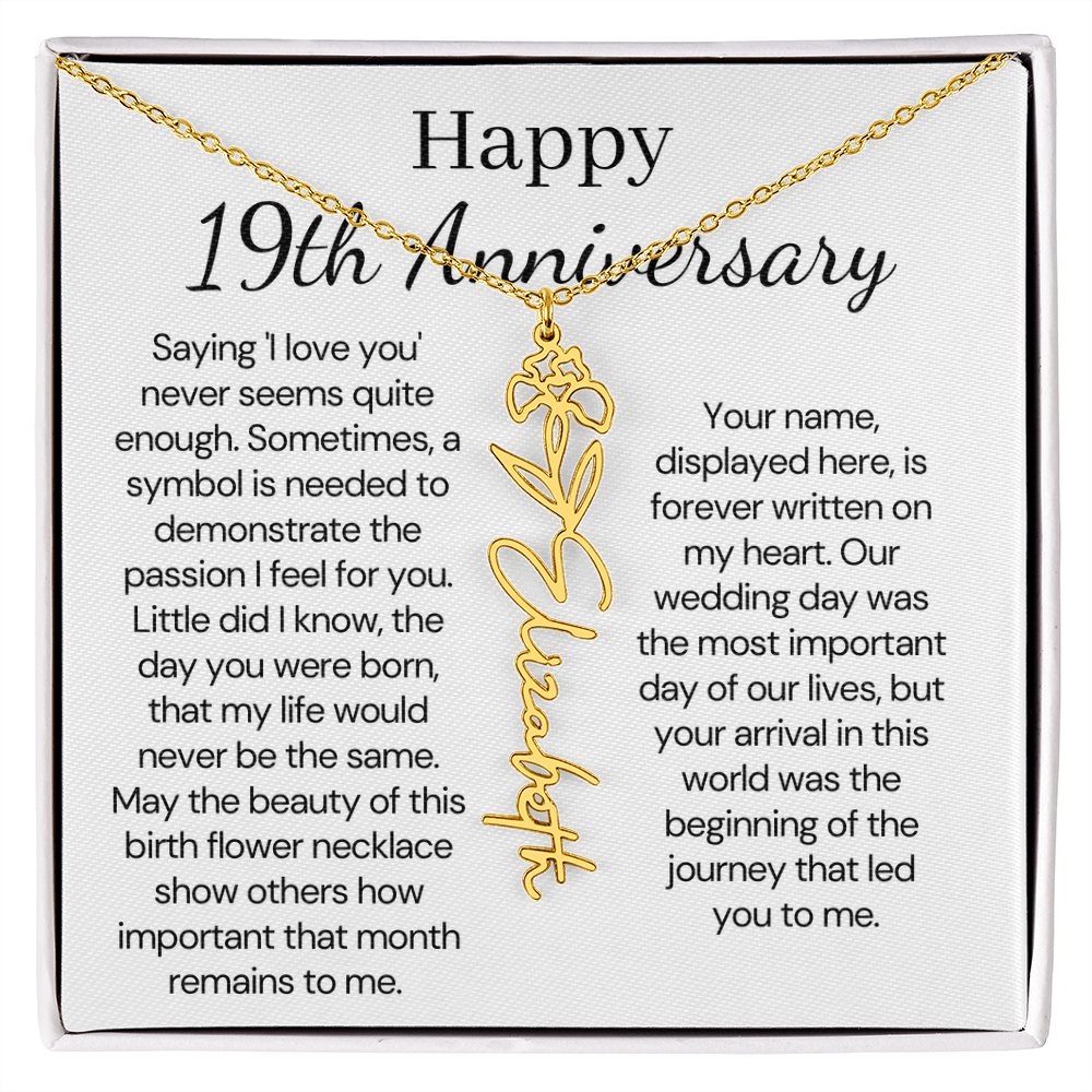 Personalized 19th Anniversary Gift for Wife – Customized Birth Flower Name Necklace – Unique Nineteenth Wedding Anniversary Gift Ideas for Wife from Husband