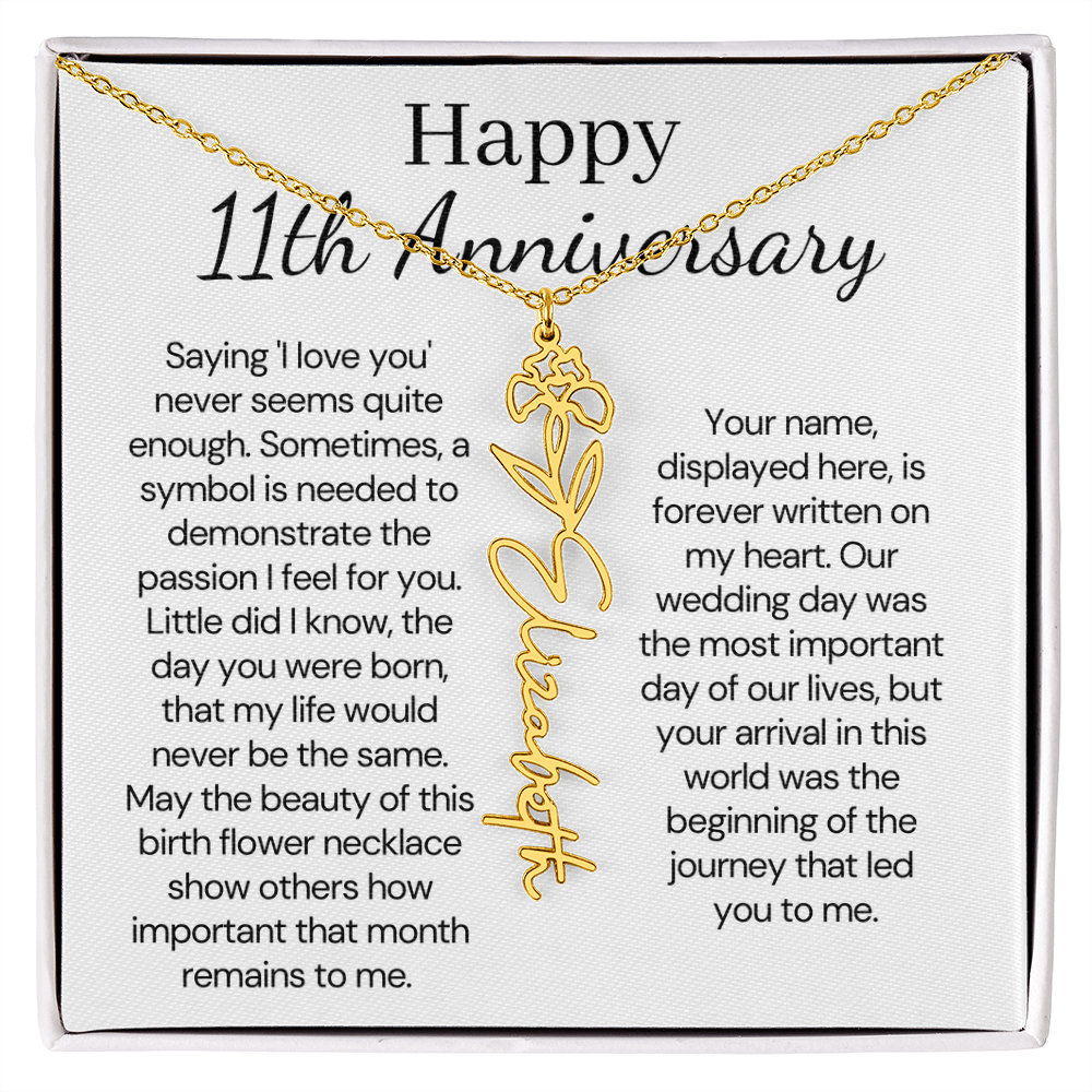 Personalized 11th Wedding Anniversary Gift for Wife – Customized Birth Flower Name Necklace – Unique Eleventh Anniversary Gift Ideas for Wife from Husband