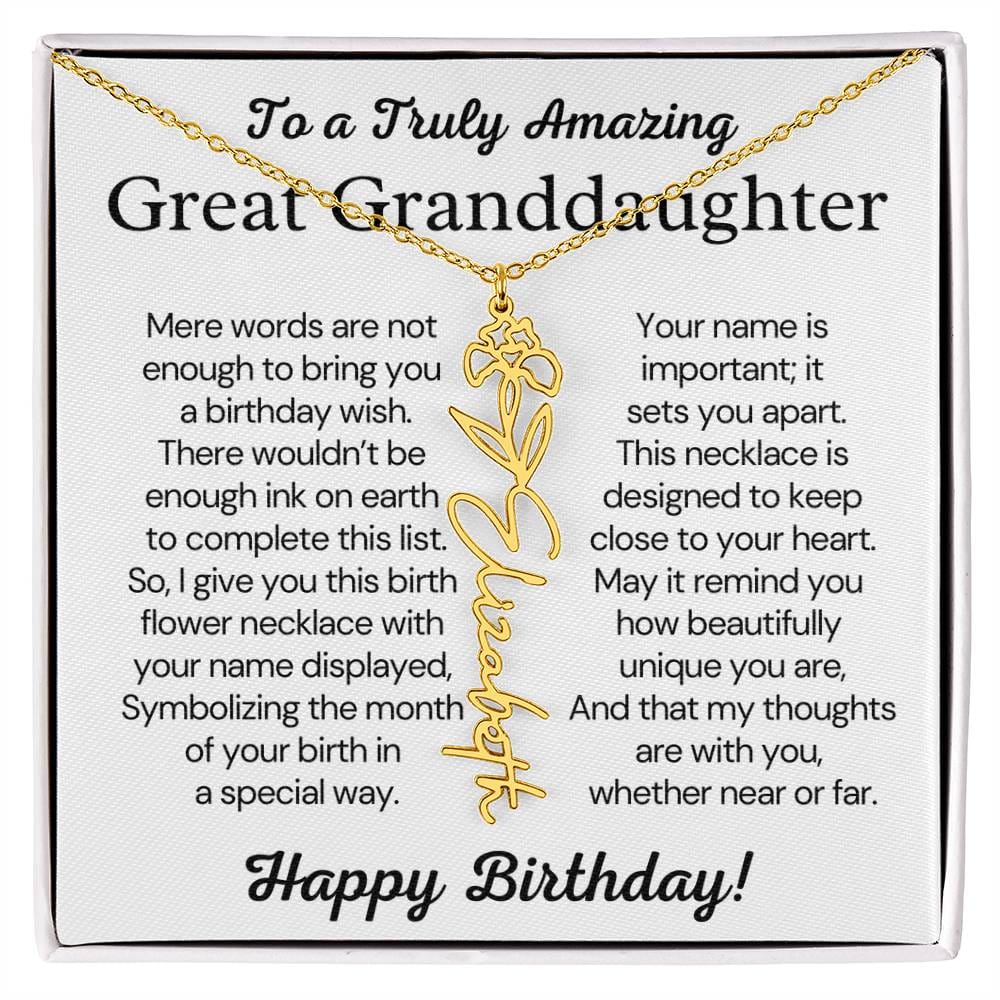 Personalized Birthday Gift for Great Granddaughter – Customized Birth Flower Name Necklace – Custom Jewelry Gift from Grandma