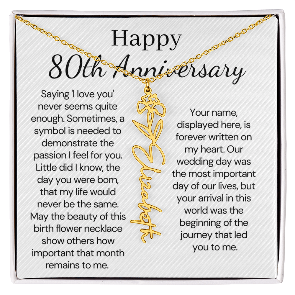 Personalized 80th Anniversary Gift for Wife – Customized Birth Flower Name Necklace – Unique Eightieth Wedding Anniversary Gift Ideas for Wife from Husband