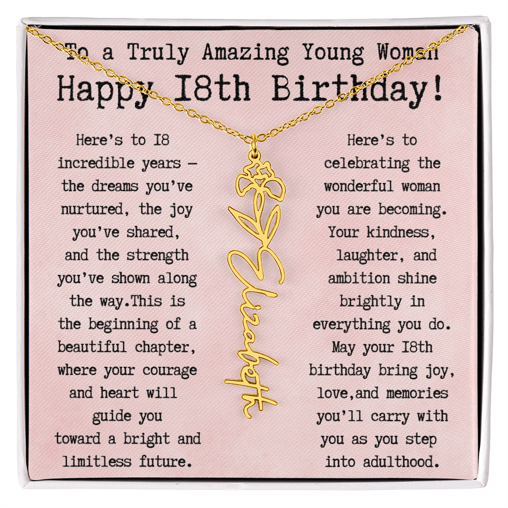 Personalized 18th Birthday Gift for Her – Customized Birth Flower Name Necklace – Unique Eighteenth Birthday Jewelry Gift from Grandma, Mom, Aunt, or Friend