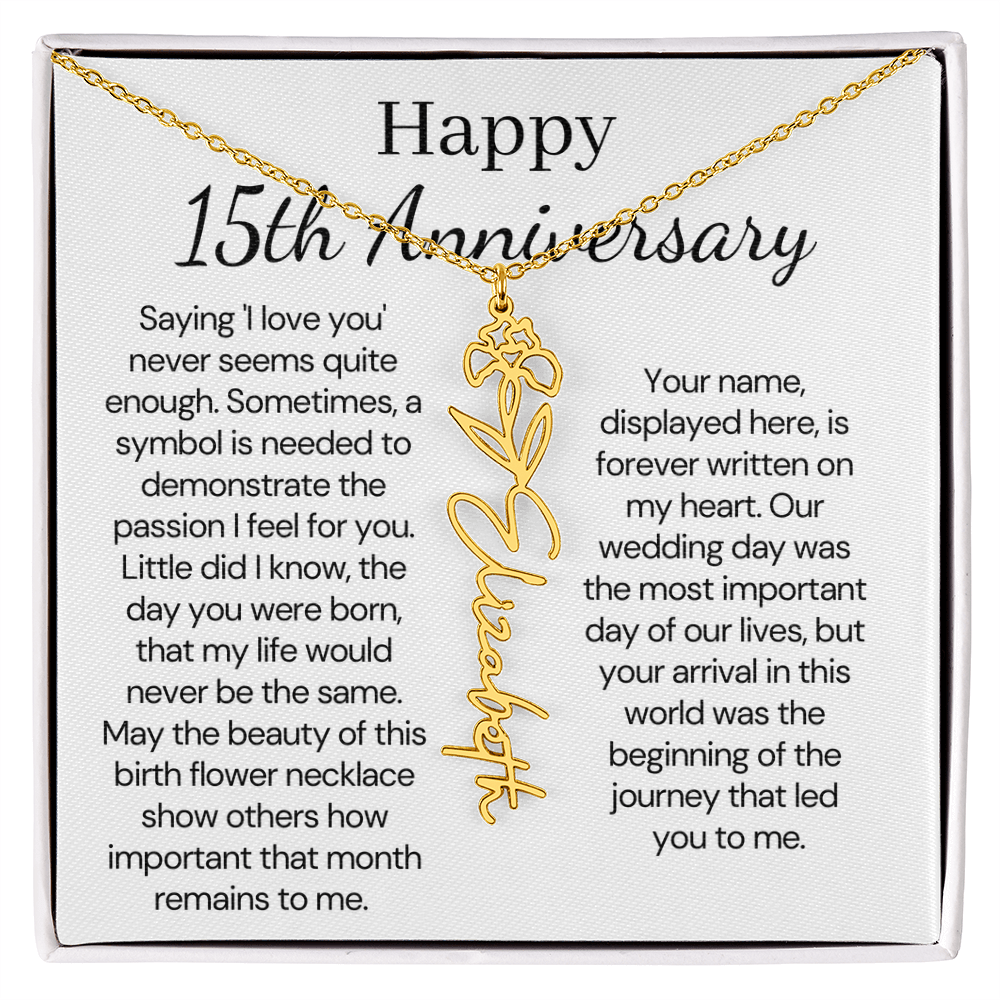 Personalized 15th Anniversary Gift for Wife – Customized Birth Flower Name Necklace – Unique Fifteenth Wedding Anniversary Gift Ideas for Wife from Husband