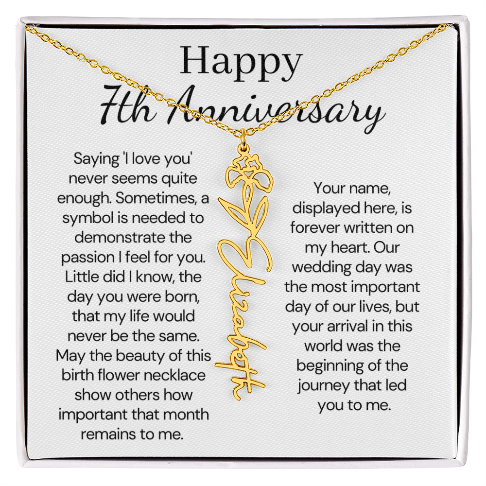 Personalized 7th Wedding Anniversary Gift for Wife – Customized Birth Flower Name Necklace – Unique Seventh Anniversary Gift Ideas for Wife from Husband