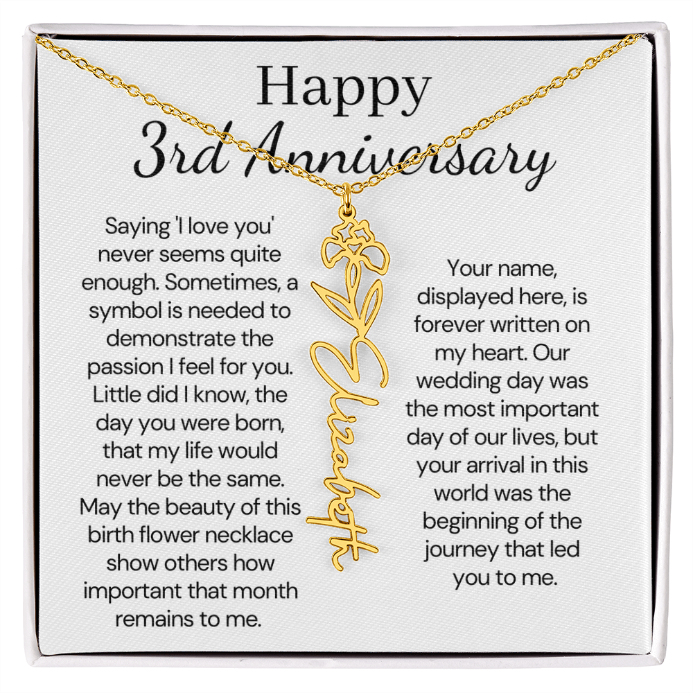 Personalized 3rd Wedding Anniversary Gift for Wife – Customized Birth Flower Name Necklace – Unique Third Anniversary Gift Ideas for Wife from Husband