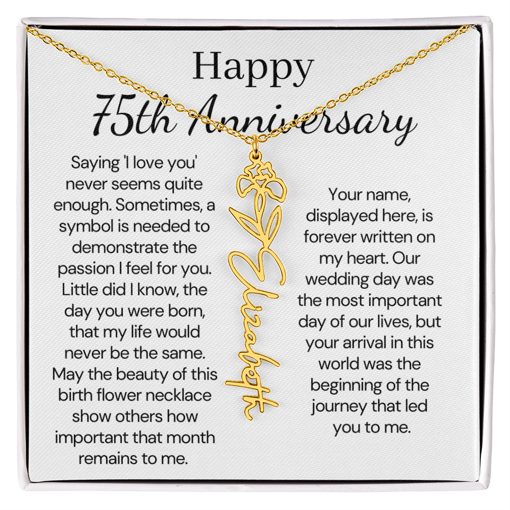 Personalized 75th Anniversary Gift for Wife – Customized Birth Flower Name Necklace – Unique Seventy-Fifth Wedding Anniversary Gift Ideas for Wife from Husband