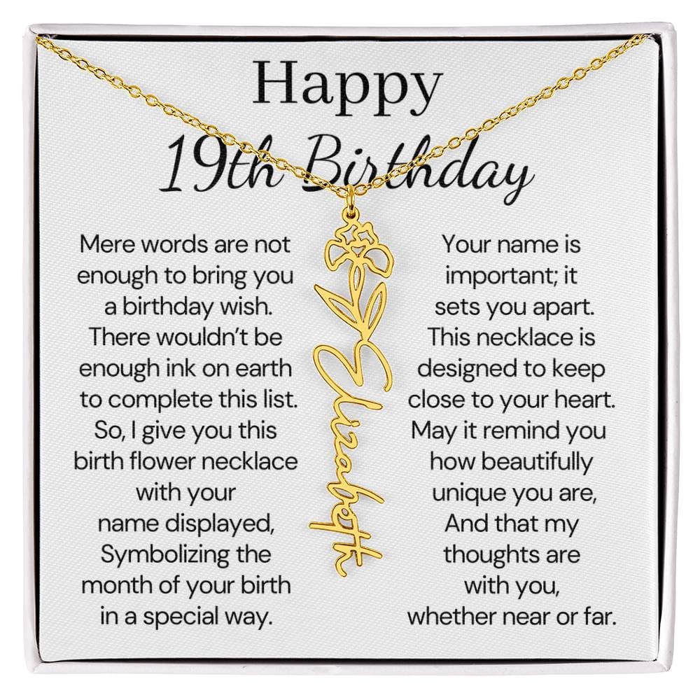 Personalized 19th Birthday Gift for Her  – Customized Birth Flower Name Necklace – 19th Birthday Jewelry Gift for Granddaughter, Daughter, or Niece