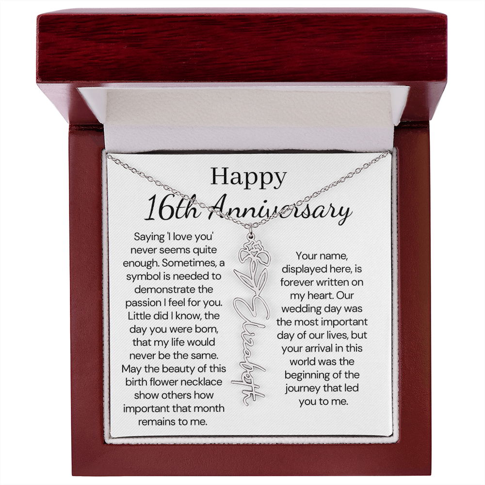 Personalized 16th Anniversary Gift for Wife – Customized Birth Flower Name Necklace – Unique Sixteenth Wedding Anniversary Gift Ideas for Wife