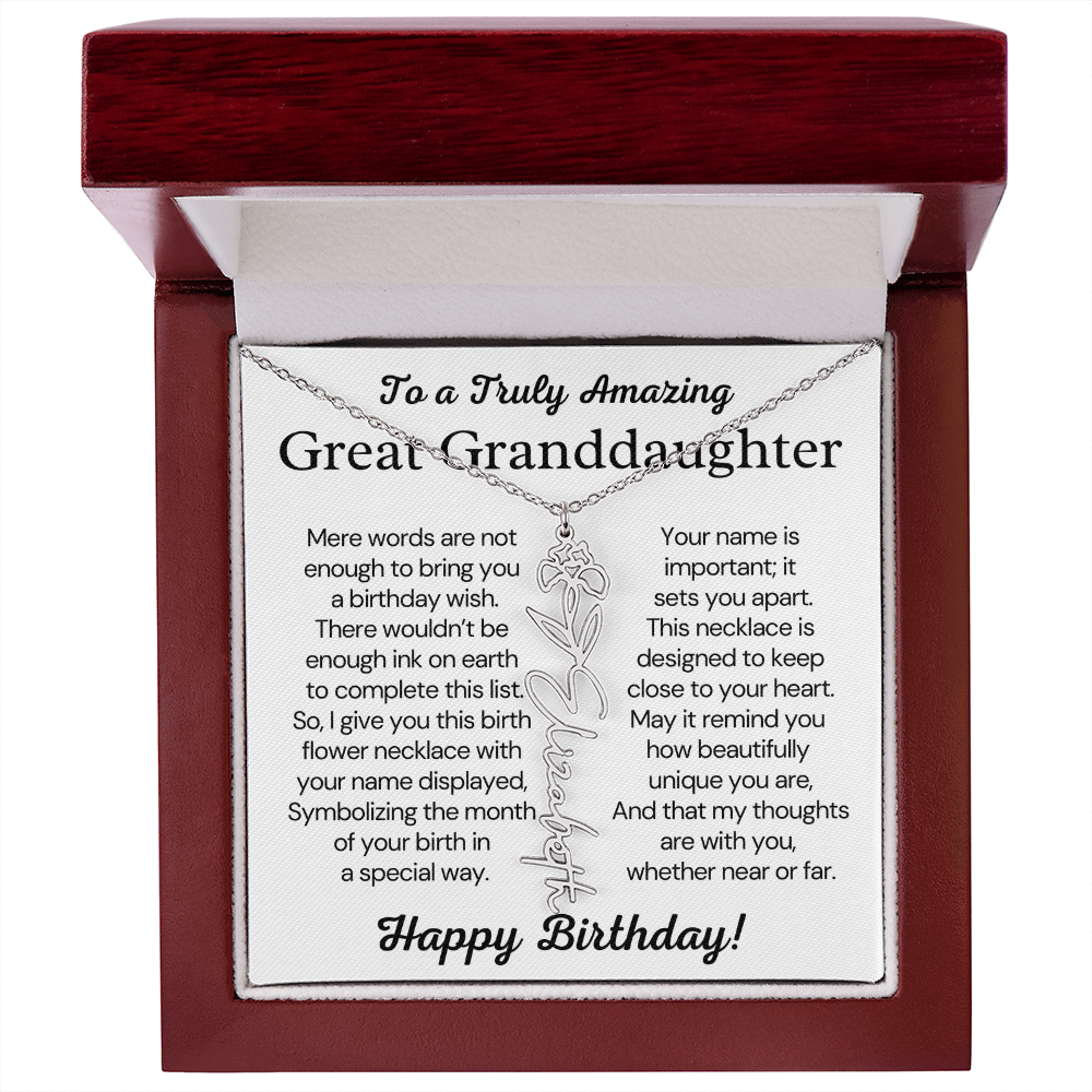 Personalized Birthday Gift for Great Granddaughter – Customized Birth Flower Name Necklace – Custom Jewelry Gift from Grandma