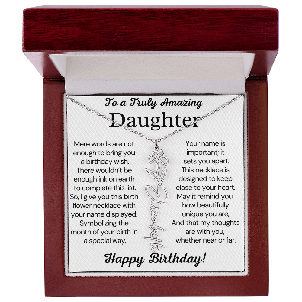 Personalized Birthday Gift for Daughter – Customized Birth Flower Name Necklace – Birthday Jewelry Gift from Mom or Dad
