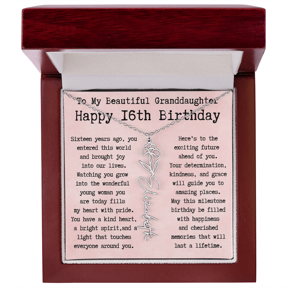 Personalized 16th Birthday Gift for Granddaughter – Customized Birth Flower Name Necklace – Sweet Sixteenth Jewelry Gift from Grandma