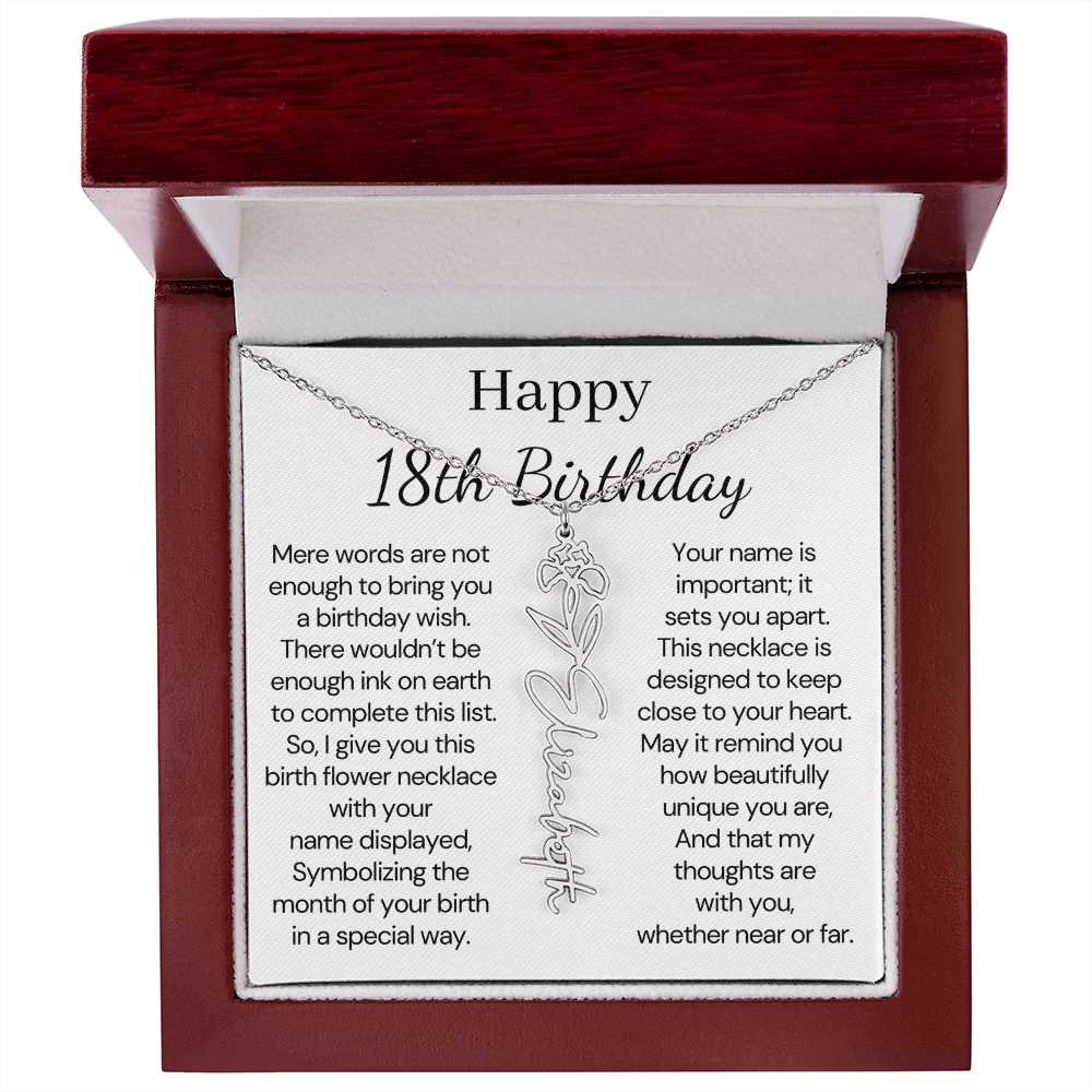 Personalized 18th Birthday Gift for Her  – Customized Birth Flower Name Necklace – 18th Birthday Jewelry Gift for Granddaughter, Daughter, or Niece