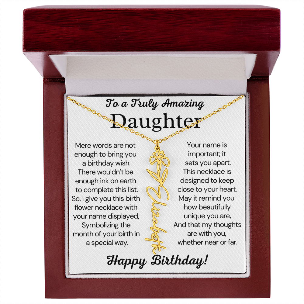 Personalized Birthday Gift for Daughter – Customized Birth Flower Name Necklace – Birthday Jewelry Gift from Mom or Dad