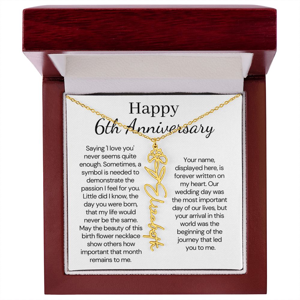 Personalized 6th Wedding Anniversary Gift for Wife – Customized Birth Flower Name Necklace – Unique Sixth Anniversary Gift Ideas for Wife from Husband