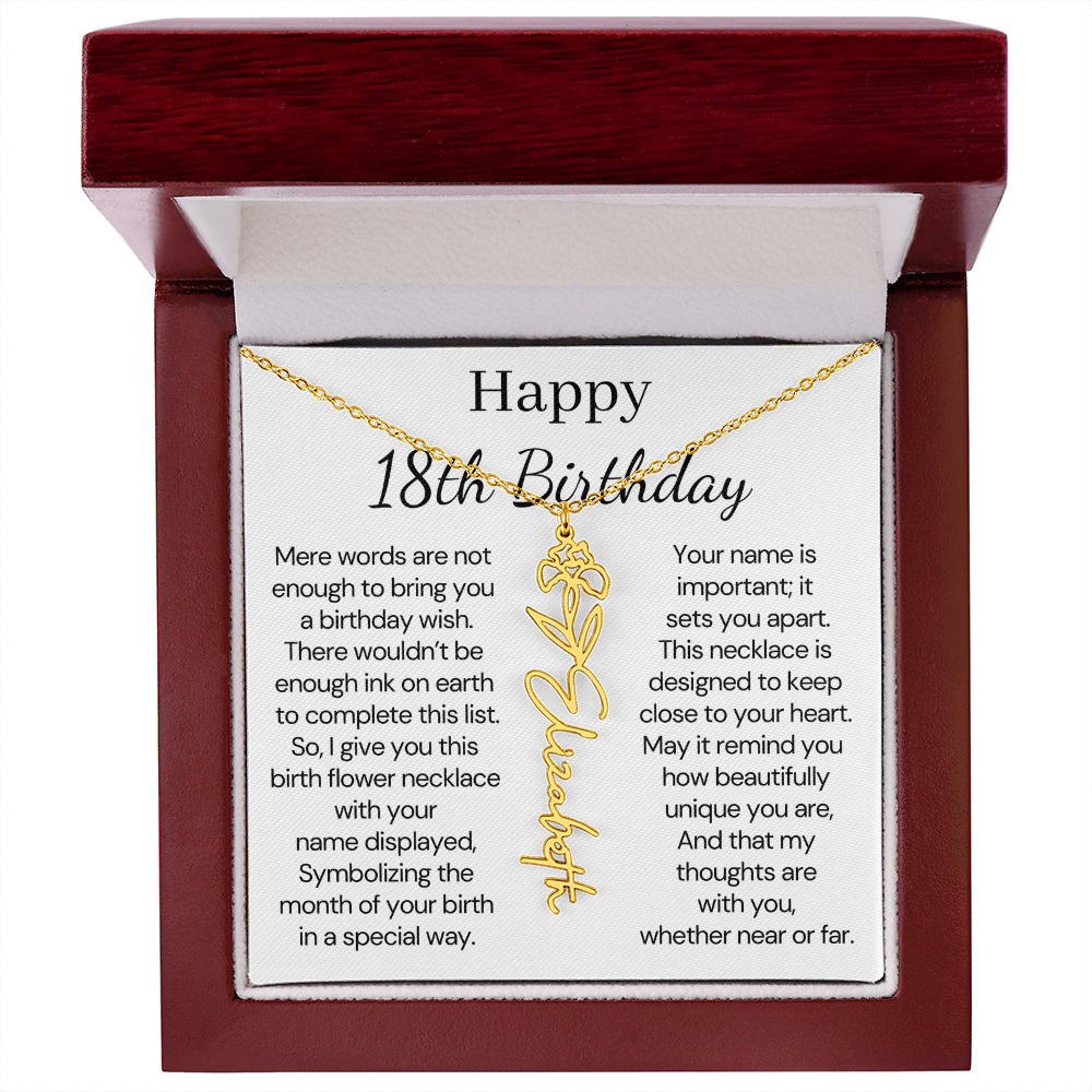 Personalized 18th Birthday Gift for Her  – Customized Birth Flower Name Necklace – 18th Birthday Jewelry Gift for Granddaughter, Daughter, or Niece