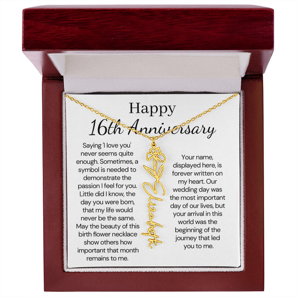 Personalized 16th Anniversary Gift for Wife – Customized Birth Flower Name Necklace – Unique Sixteenth Wedding Anniversary Gift Ideas for Wife