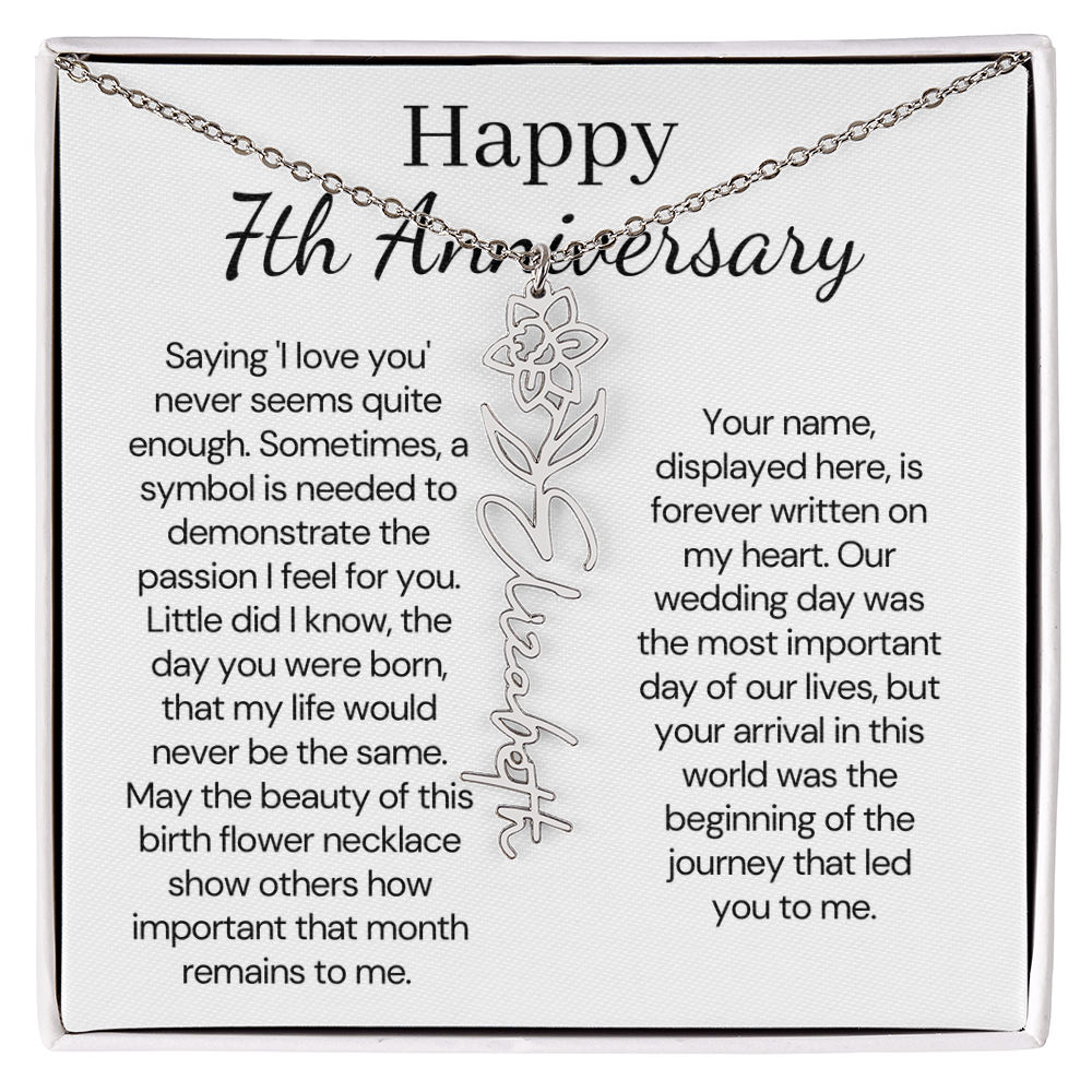 Personalized 7th Wedding Anniversary Gift for Wife – Customized Birth Flower Name Necklace – Unique Seventh Anniversary Gift Ideas for Wife from Husband