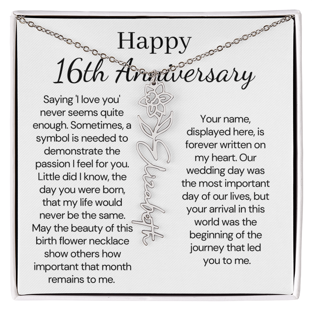 Personalized 16th Anniversary Gift for Wife – Customized Birth Flower Name Necklace – Unique Sixteenth Wedding Anniversary Gift Ideas for Wife