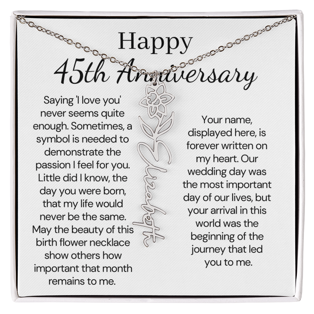 Personalized 45th Anniversary Gift for Wife – Customized Birth Flower Name Necklace – Unique Forty-Fifth Wedding Anniversary Gift Ideas for Wife