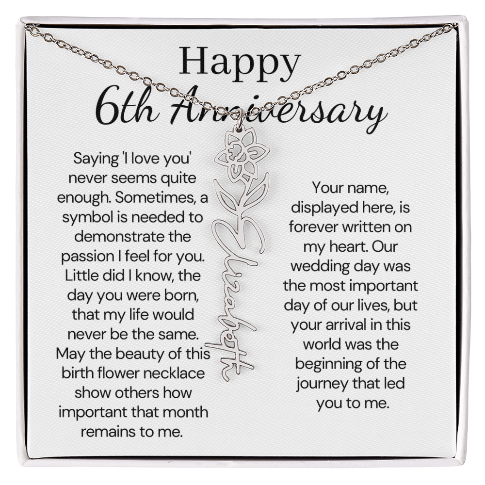 Personalized 6th Wedding Anniversary Gift for Wife – Customized Birth Flower Name Necklace – Unique Sixth Anniversary Gift Ideas for Wife from Husband
