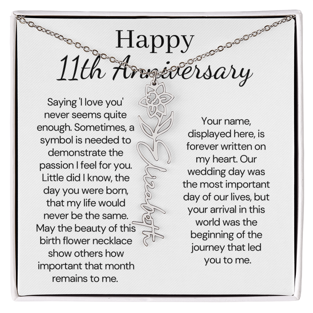 Personalized 11th Wedding Anniversary Gift for Wife – Customized Birth Flower Name Necklace – Unique Eleventh Anniversary Gift Ideas for Wife from Husband