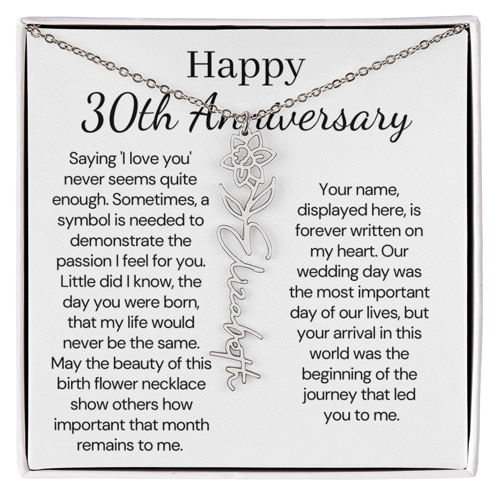 Personalized 30th Anniversary Gift for Wife – Customized Birth Flower Name Necklace – Unique Thirtieth Wedding Anniversary Gift Ideas for Wife from Husband