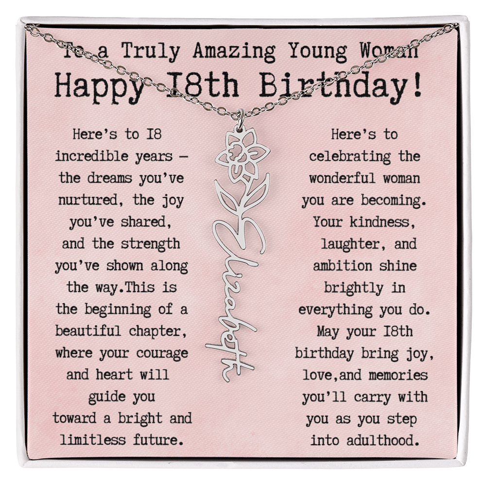 Personalized 18th Birthday Gift for Her – Customized Birth Flower Name Necklace – Unique Eighteenth Birthday Jewelry Gift from Grandma, Mom, Aunt, or Friend