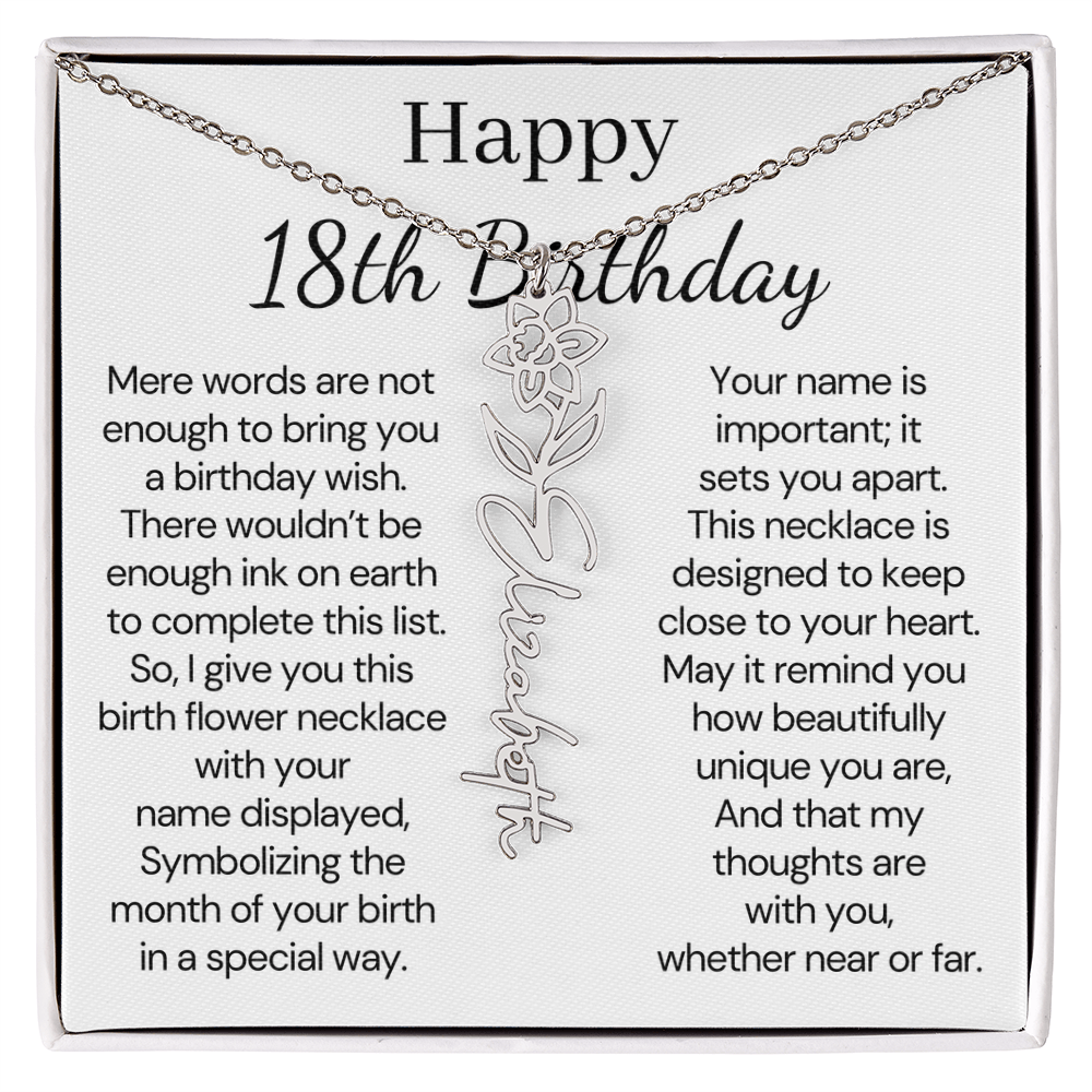 Personalized 18th Birthday Gift for Her  – Customized Birth Flower Name Necklace – 18th Birthday Jewelry Gift for Granddaughter, Daughter, or Niece
