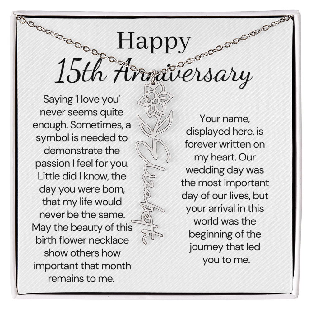 Personalized 15th Anniversary Gift for Wife – Customized Birth Flower Name Necklace – Unique Fifteenth Wedding Anniversary Gift Ideas for Wife from Husband