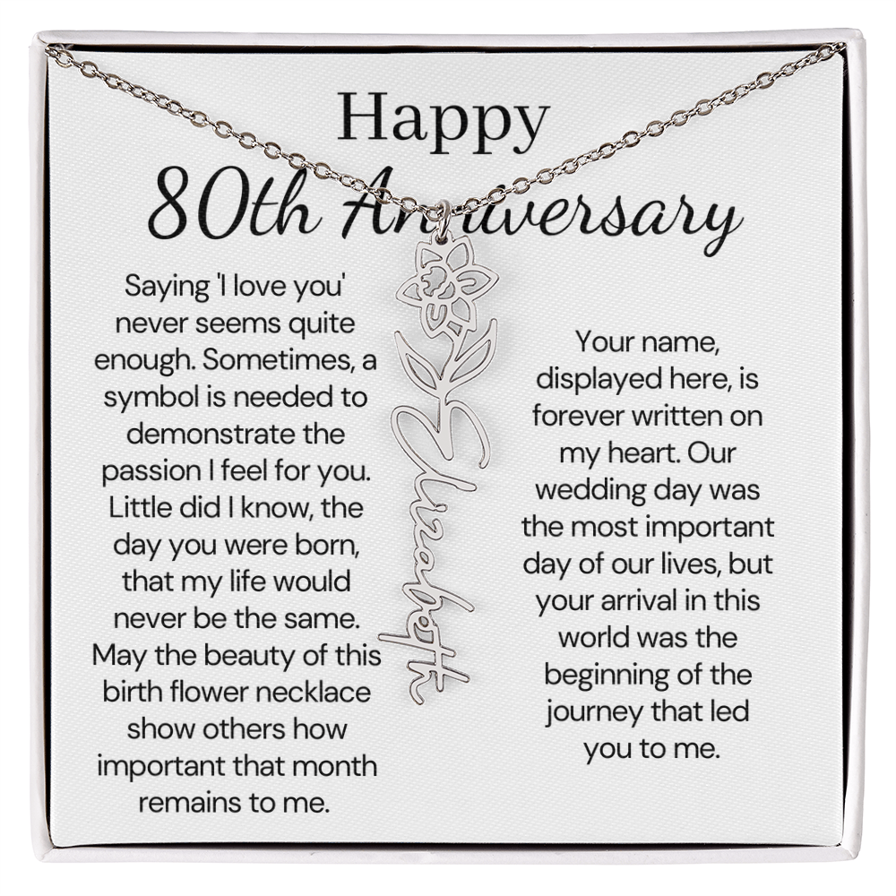 Personalized 80th Anniversary Gift for Wife – Customized Birth Flower Name Necklace – Unique Eightieth Wedding Anniversary Gift Ideas for Wife from Husband